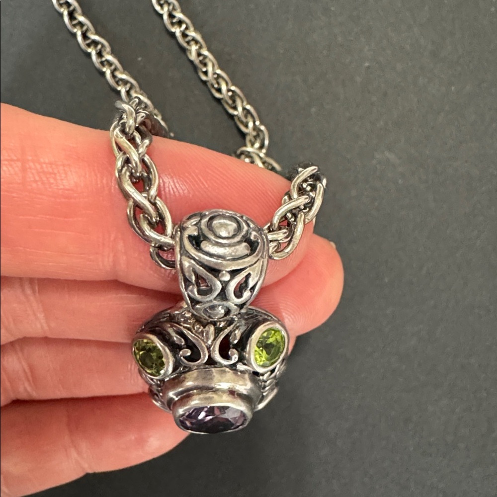 Vintage 925 Italy Sterling Silver Amethyst Peridot Filigree Necklace 18in 36.63g - Picture 9 of 17